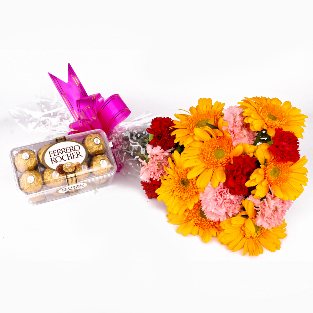 Bouquet of 15 Mix Carnations with Gerberas and Ferrero Rocher Chocolates