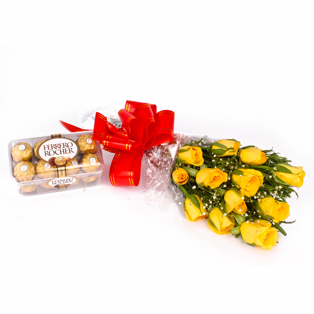 Bouquet of 12 Friendly Yellow Roses and Ferrero Rocher Chocolates