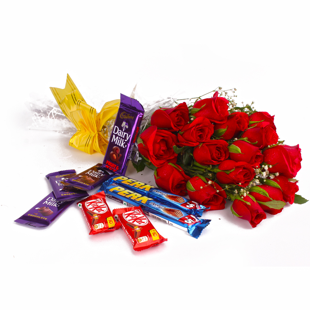 Bouquet of 15 Red Roses and Cadbury Assorted Chocolate Bars