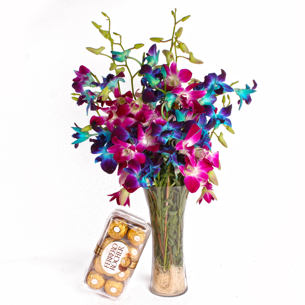 Vase Arrangment of Mix Orchids and 16 pcs Ferrero Rocher Box