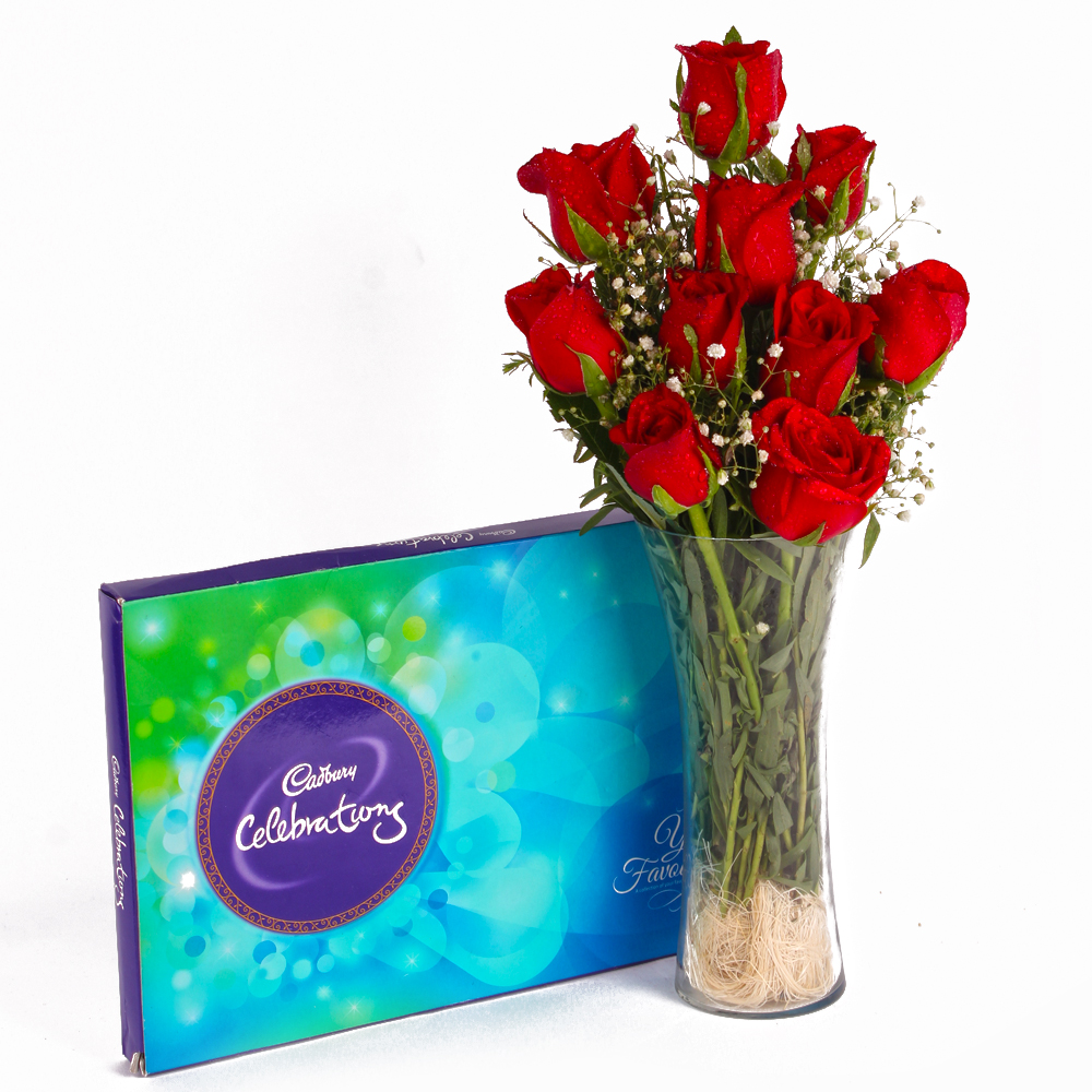 Glass Vase of 10 Fresh Red Roses and Celebration Chocolate Box