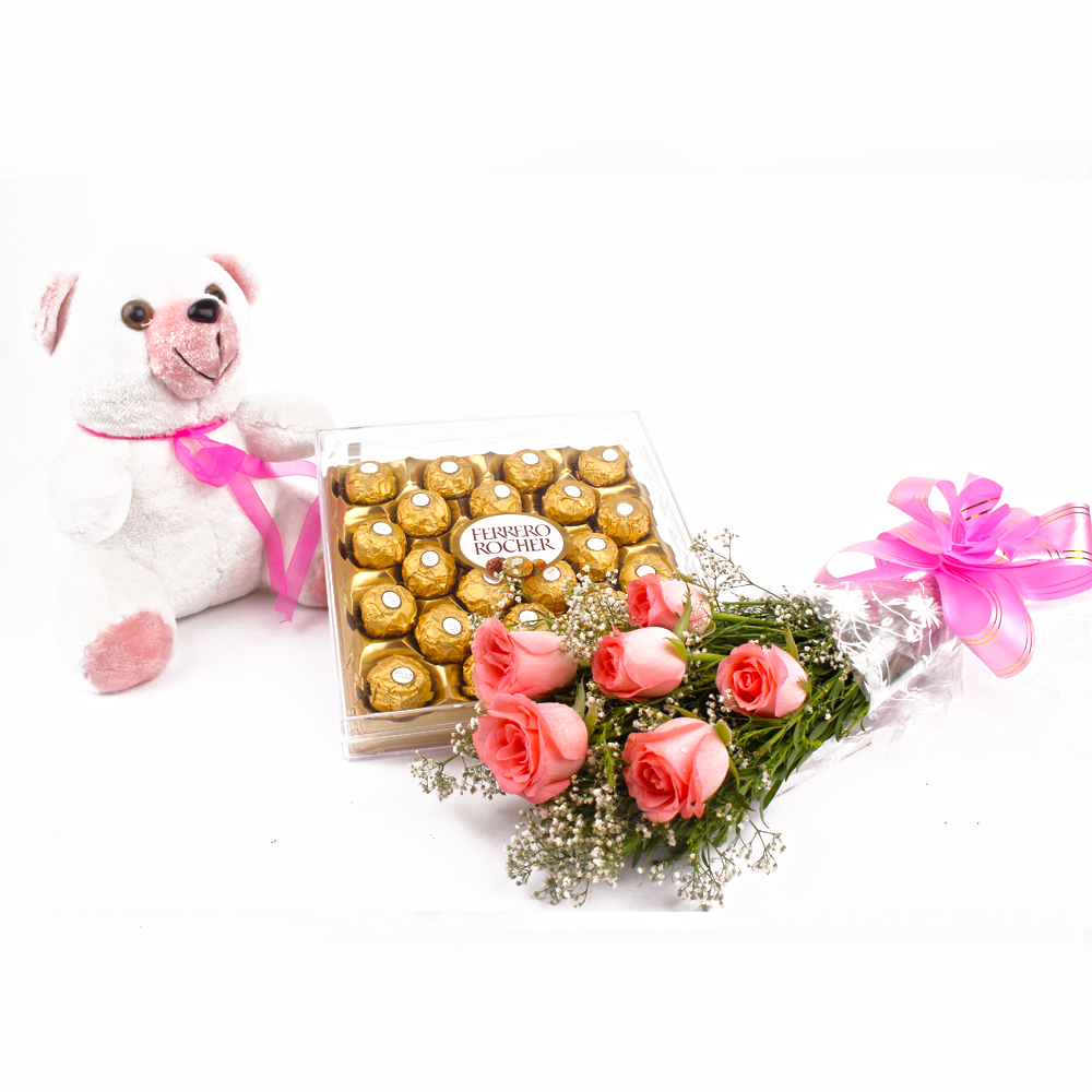 Six Pink Roses and Ferrero Rocher with Cuddly Bear