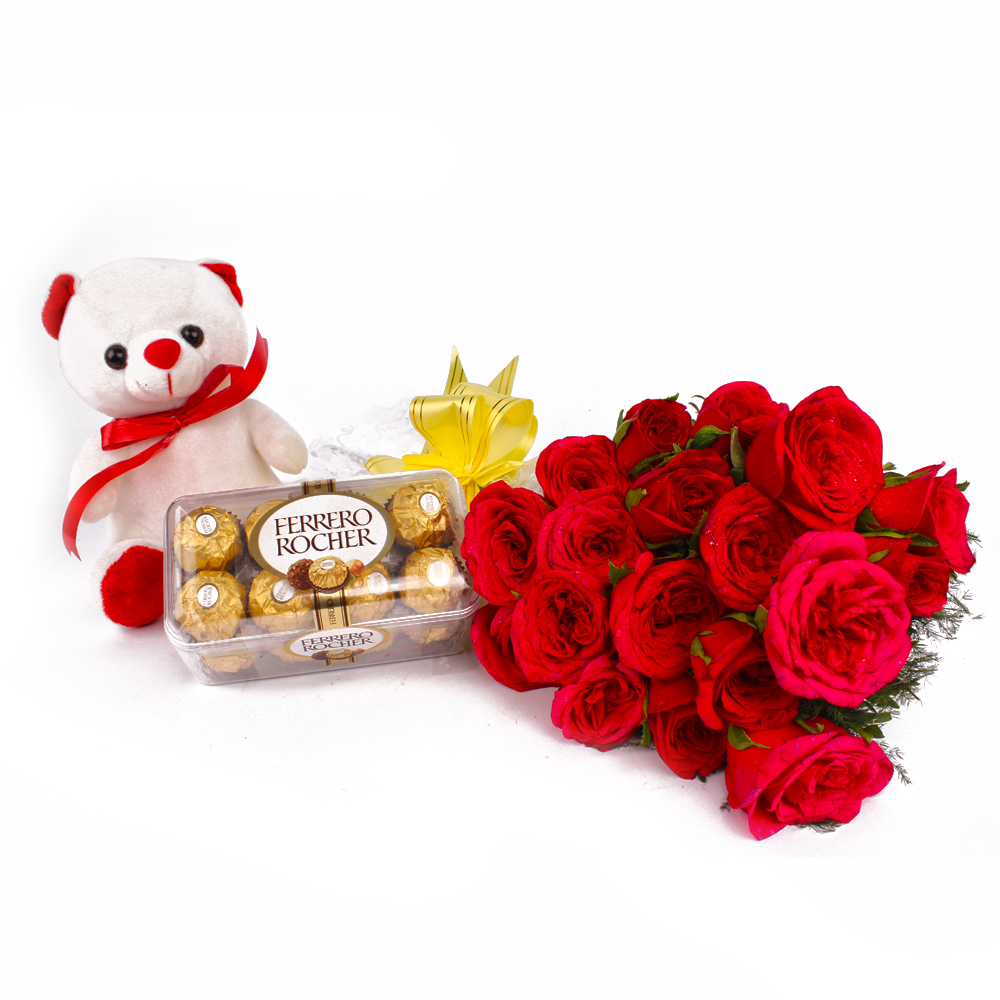 Bunch of 20 Red Roses and 16 Pcs Ferrero Rocher with Cute Teddy Bear