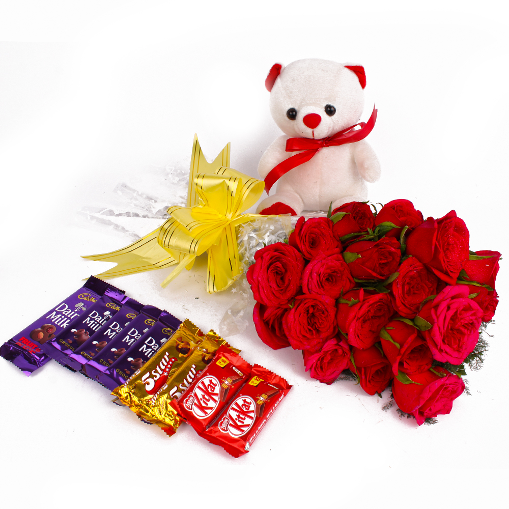 Eighteen Red Roses Bunch and Cute Teddy with Assorted Chocolate Bars