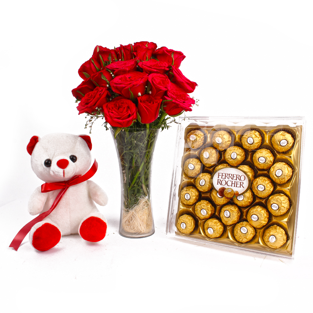Vase Arrangment of 15 Red Roses and Ferrero Rocher with Cute Teddy Bear