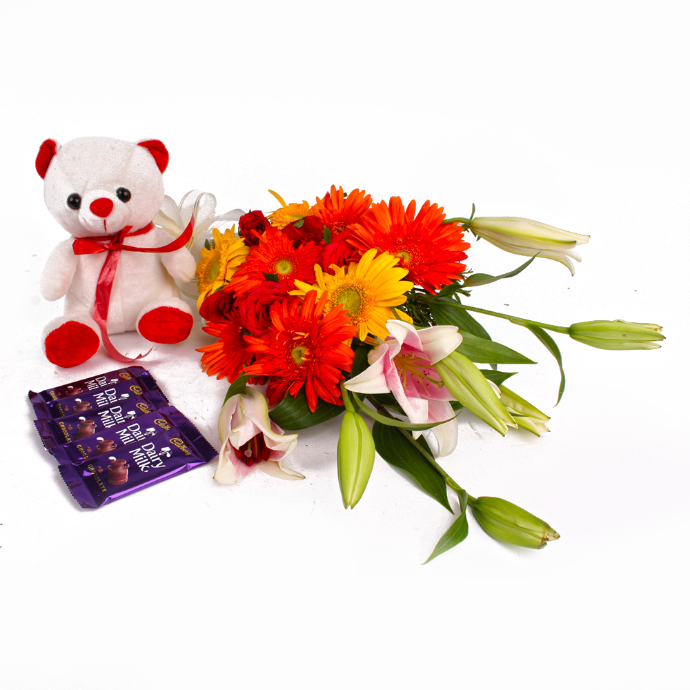 Twenty Mix Flowers and Teddy with Five Bars of Cadbury Dairy Milk Chocolate