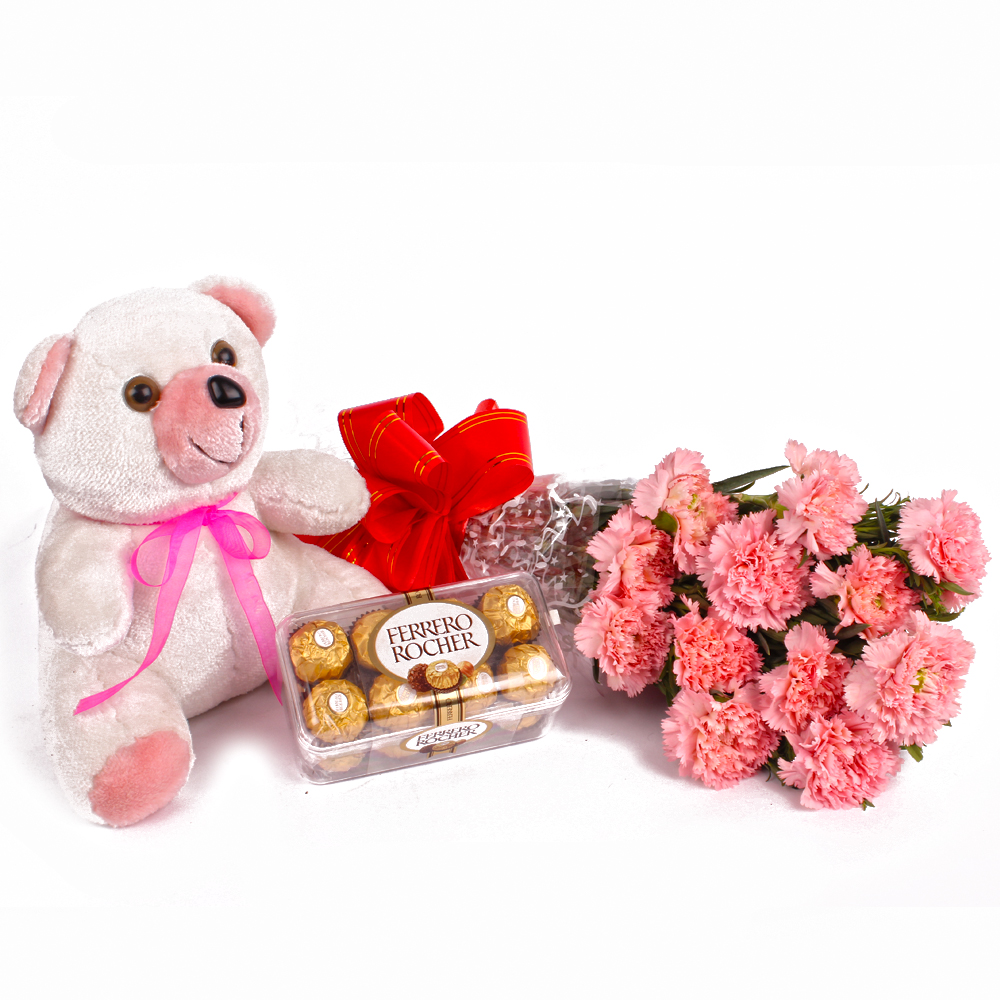 Twelve Pink Carnations and 16 Pcs Ferrero Rocher with Teddy Bear
