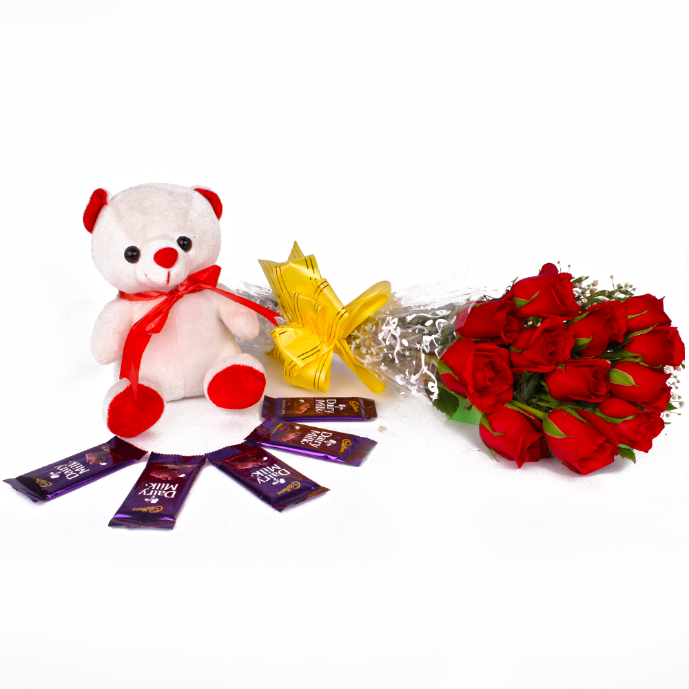 Cute Birthday Combo of Roses, Teddy and Chocolates