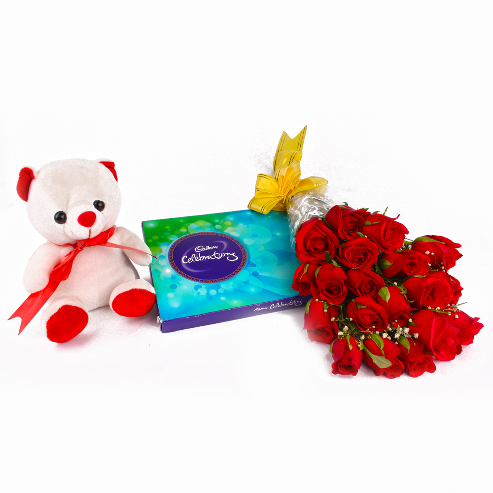 Eighteen Red Roses and Cute Teddy with Celebration Chocolate Pack