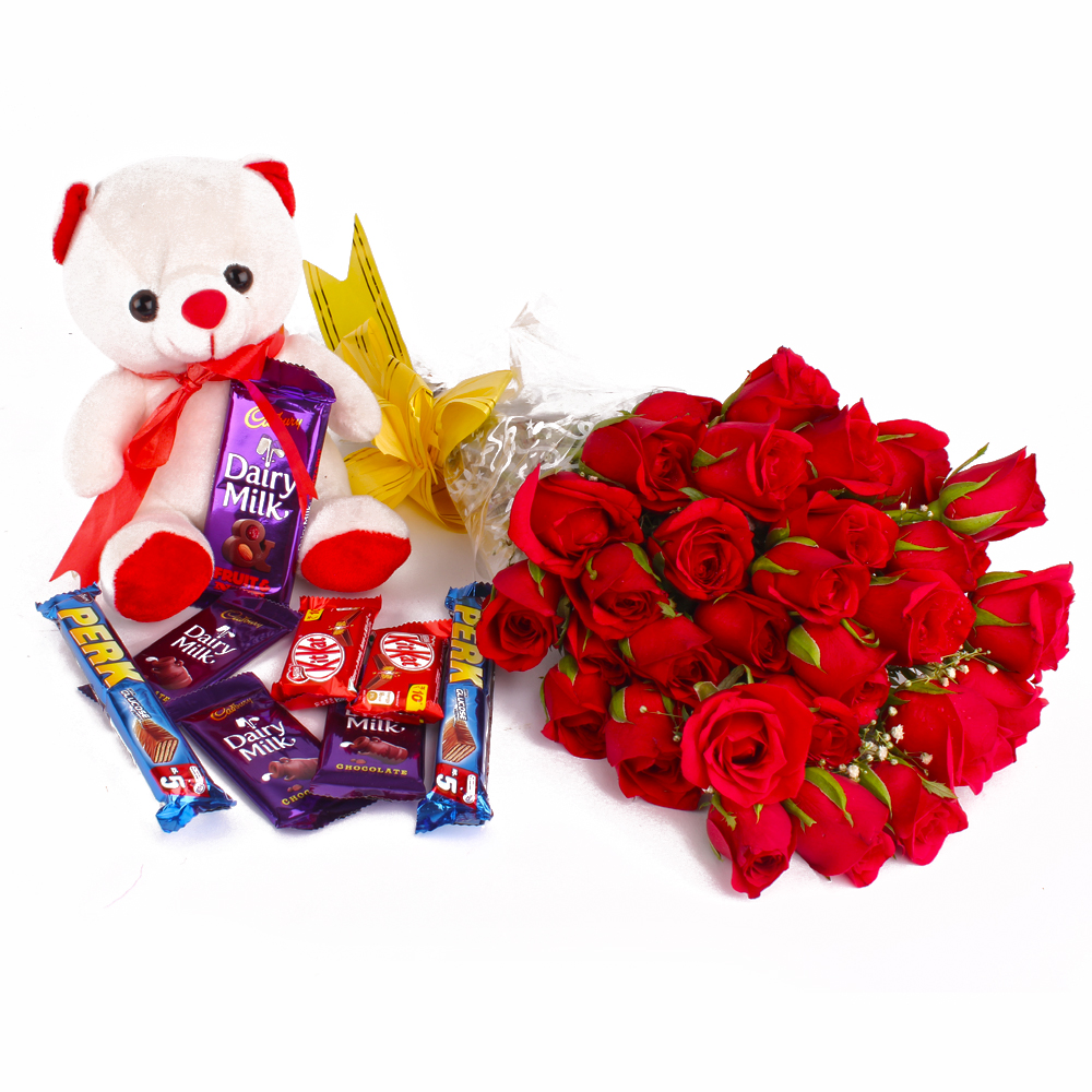 Thirty Red Roses Bunch and Cute Teddy Bear with Mix Cadbury Chocolates