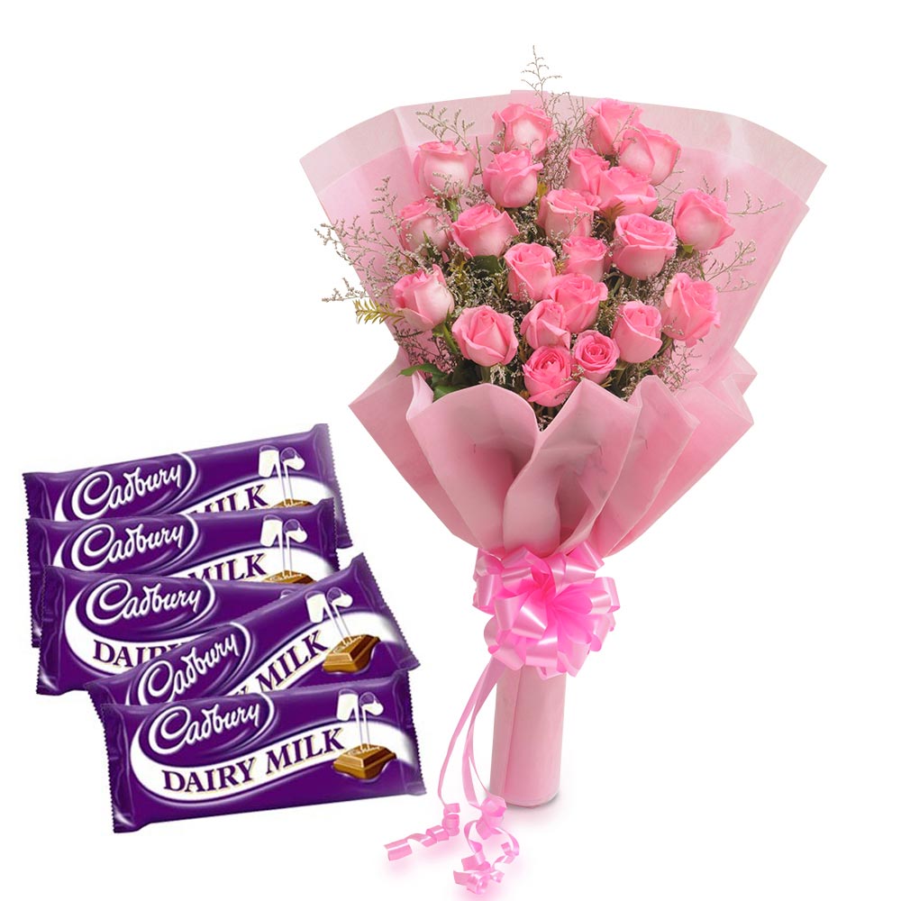 Pink Roses with Tissue Wrapping and Cadbury Dairy Milk Chocolate Bars