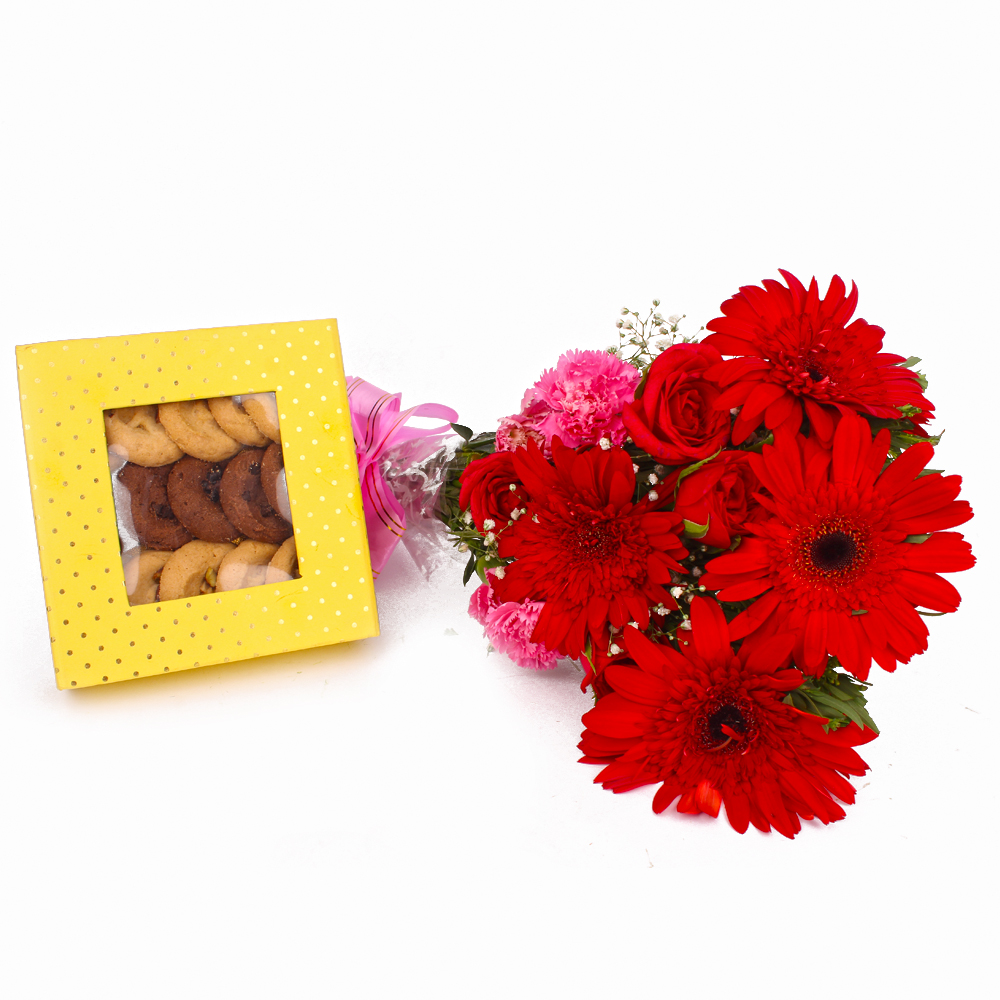 Assorted Cookies with Bouquet of Red and Pink Flowers