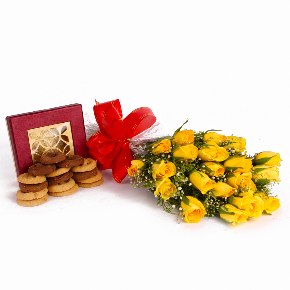 Twenty Yellow Roses Bunch with Tasty Baked Cookies