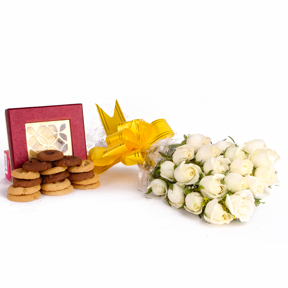 Bouquet of 20 White Roses and Assorted Cookies Combo