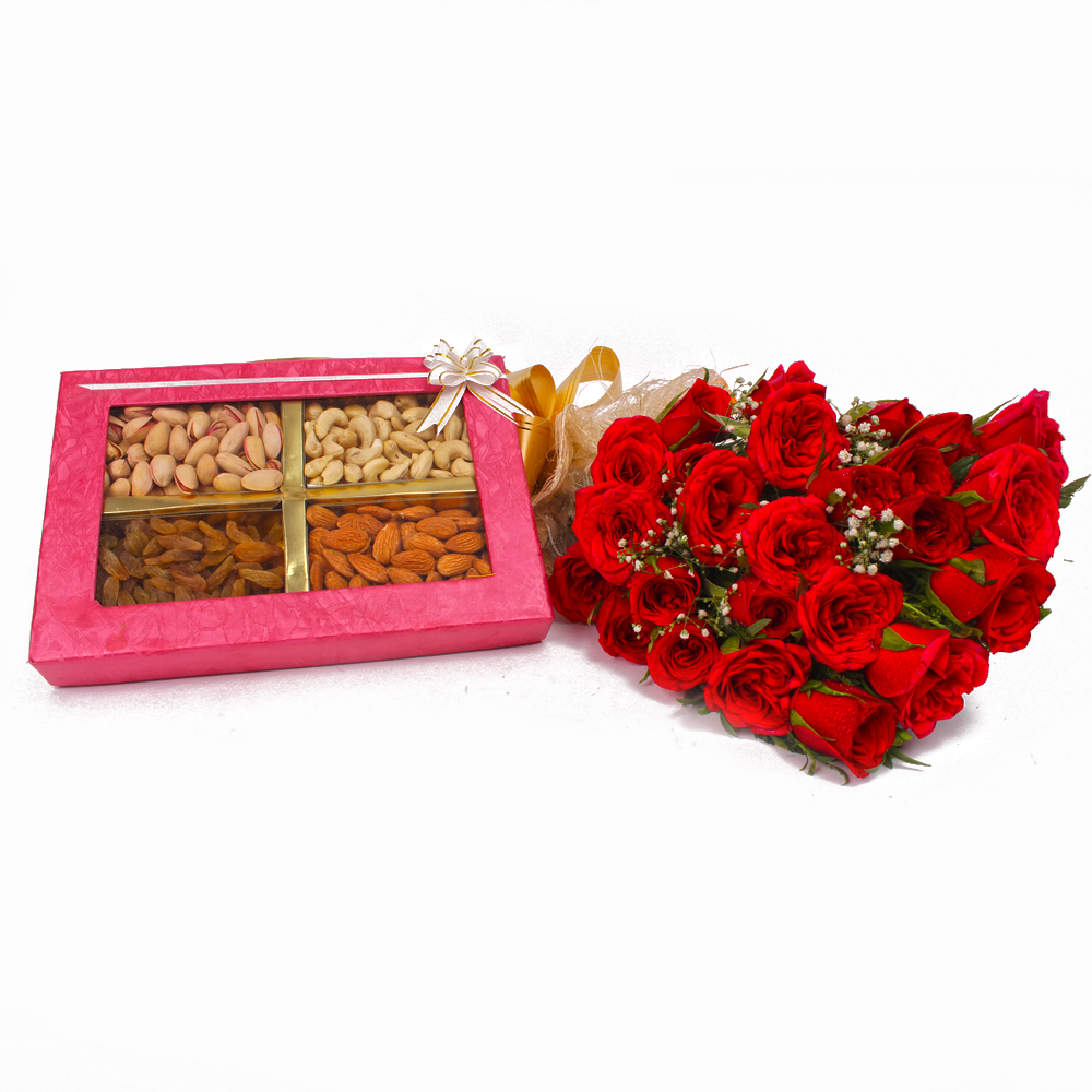 Bunch of 24 Red Rose with Box of Mix Dryfruits