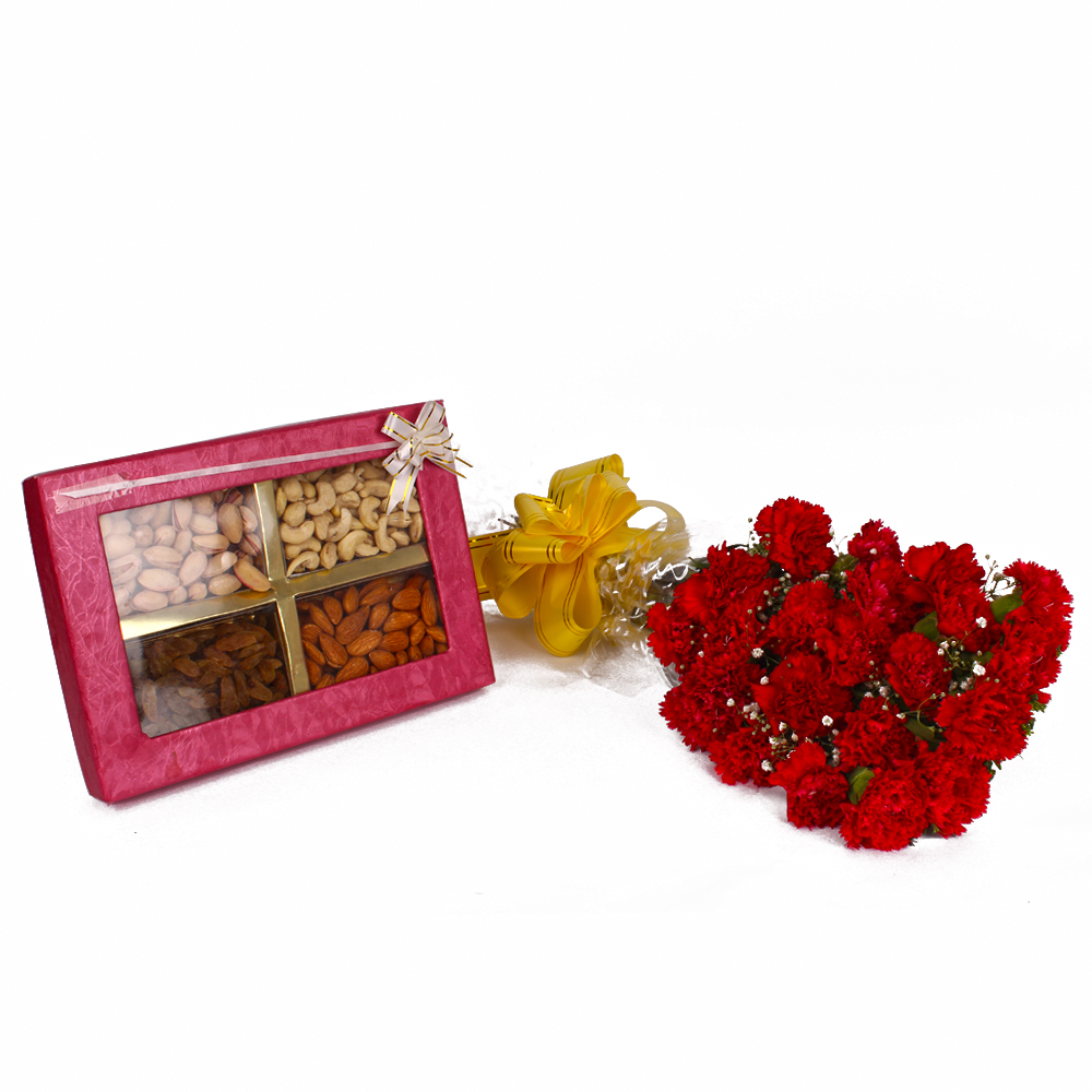 Assortment of Dryfruits with Lovely Red Carnations Bunch