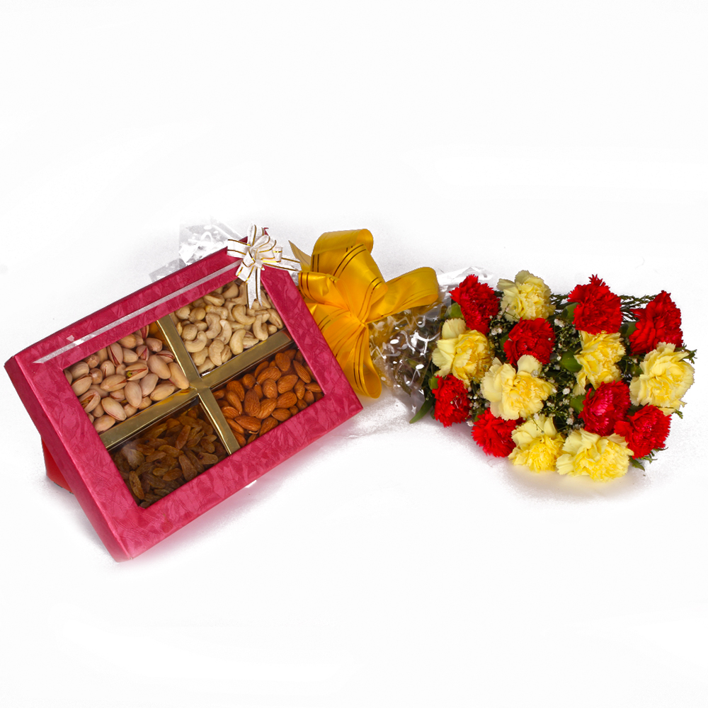 Mix Dryfruits Box with Fifteen Mix Color Carnations Bouquet