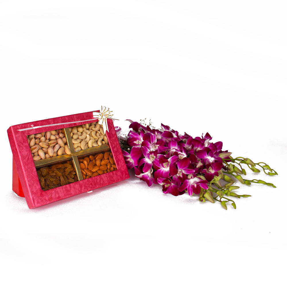 Six Purple Orchids Bunch with 1 Kg Assorted Dryfruit Box