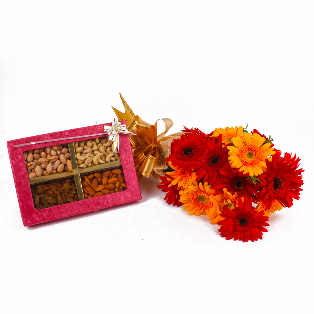 Dozen Gerberas Bunch with Assorted Dryfruits Box