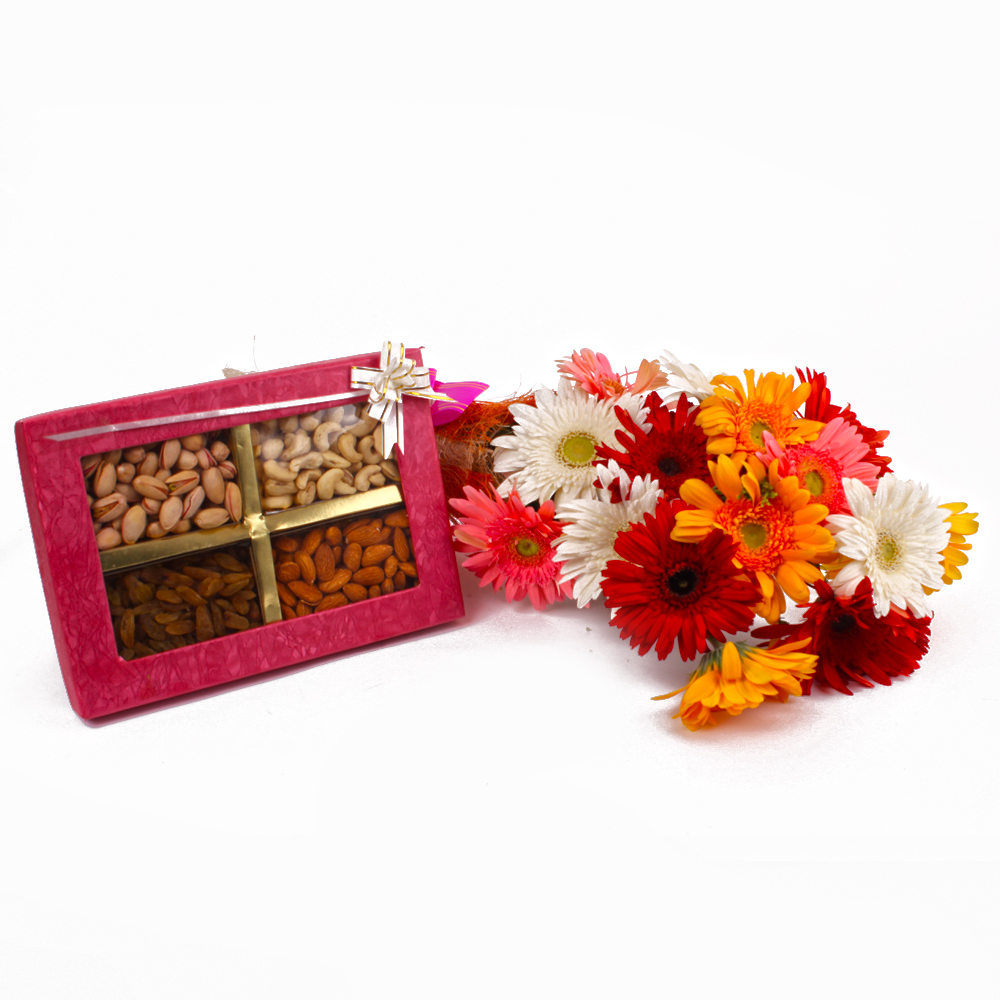 Box of Assorted Dryfruits with Colorful Gerberas Bunch