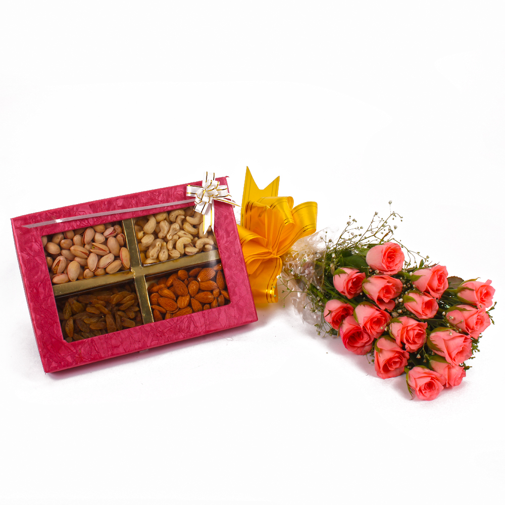Preety 15 Pink Roses Bunch and Mix Dryfruits Box