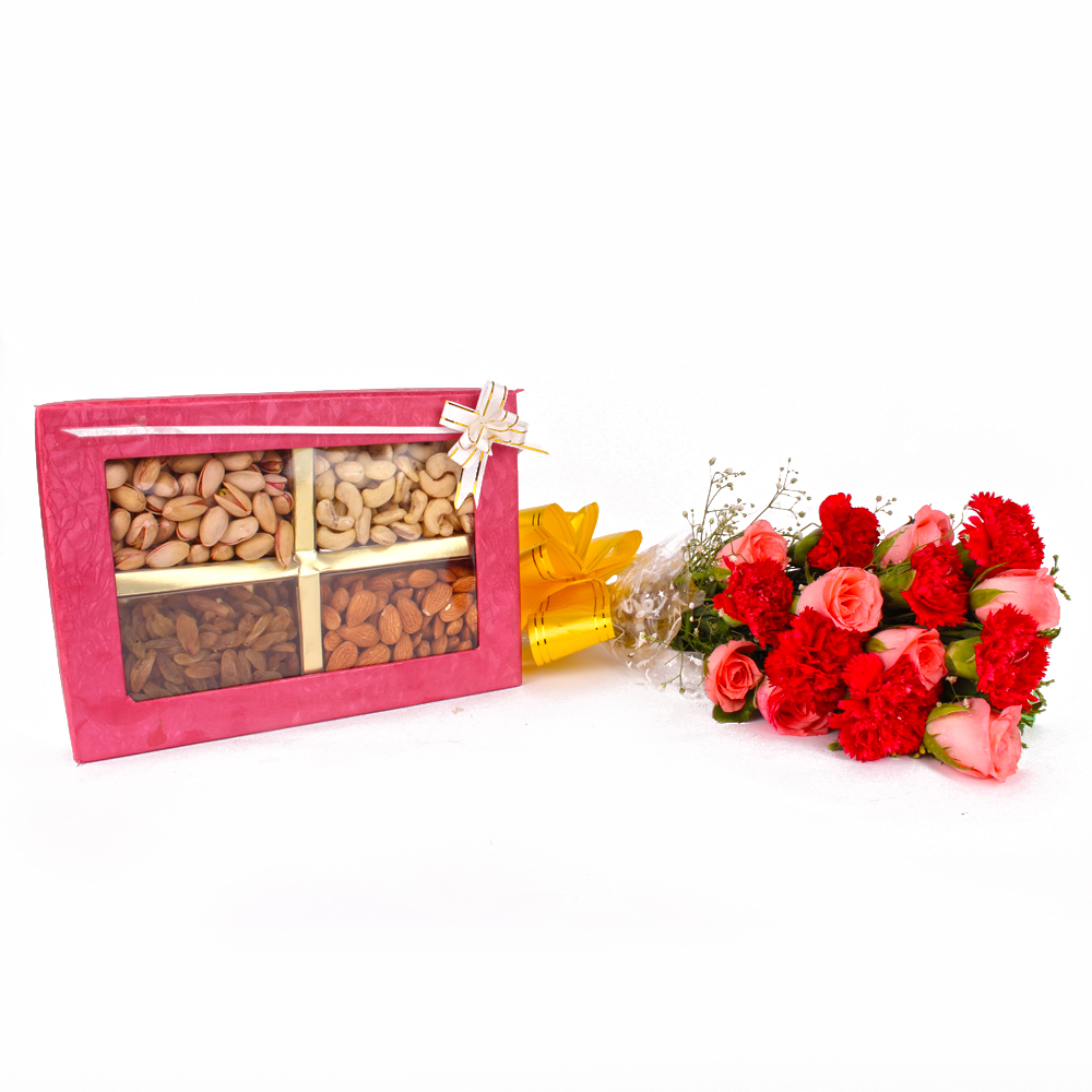 Box of Assorted Dryfruits and Bouquet of Roses with Carnations