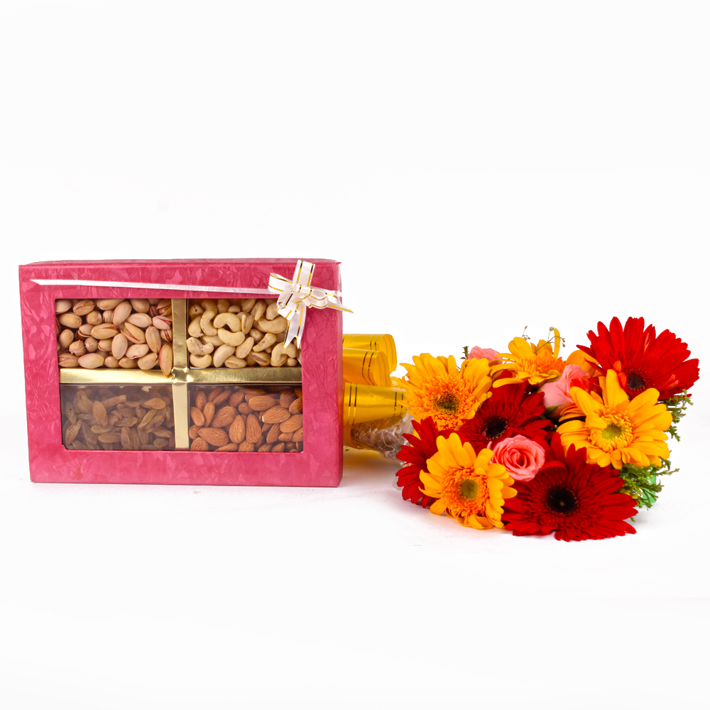 Mix Assorted Dryfruits Box with Bunch of Roses and Gerberas