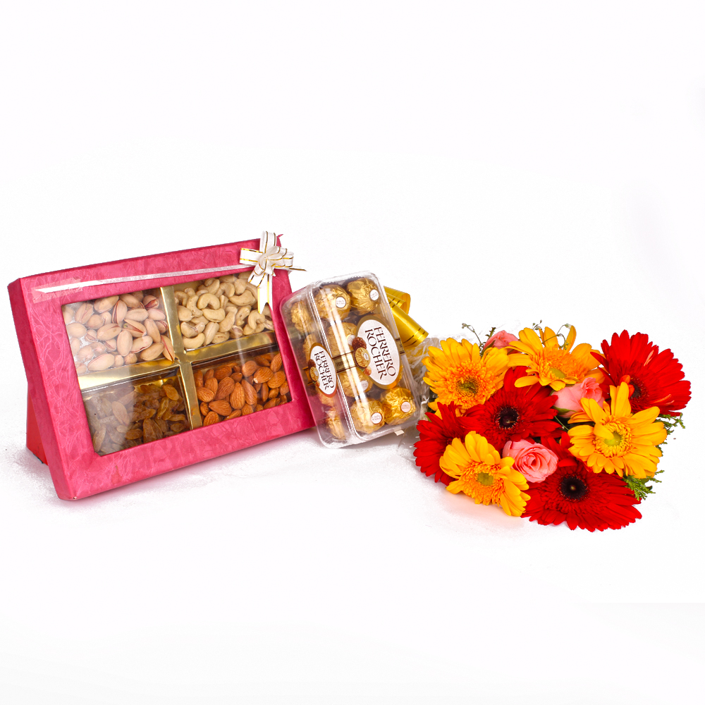 Assorted Dryfruits and Rocher Chocolates with Seasonal Flowers Bunch