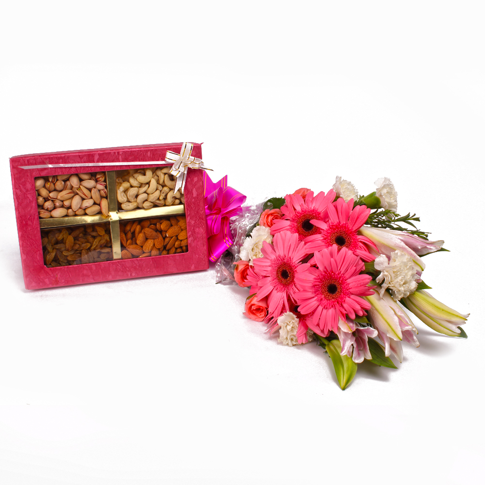 Stylish Flowers Bouquet with Box of Assorted Dryfruits