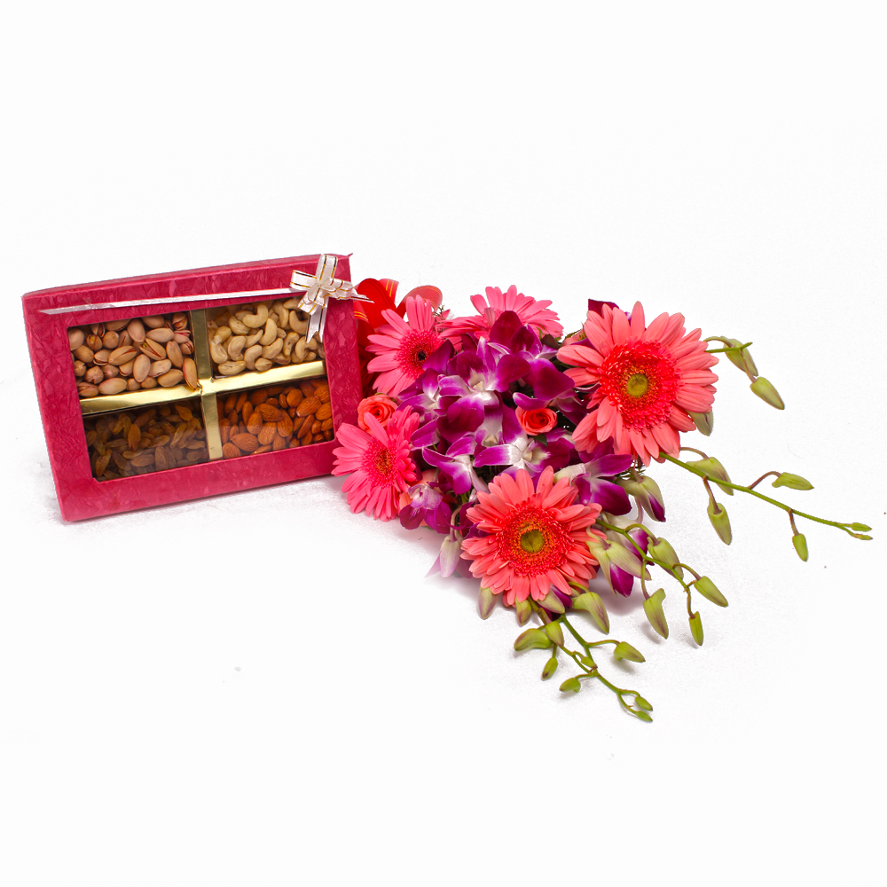 Crunchy Dryfruits with Bouquet of Orchids and Gerberas