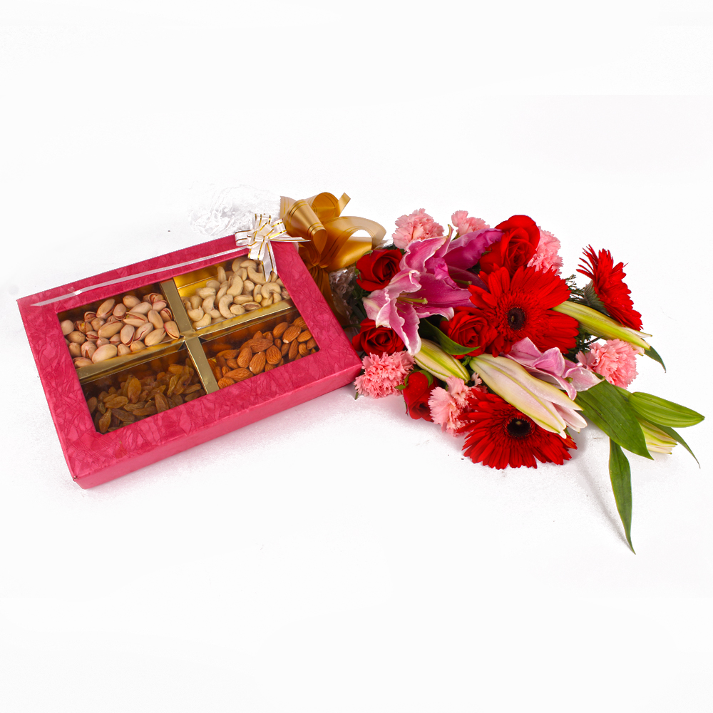 Box of Assorted Dryfruits and Lovely Fresh Flowers Bouquet
