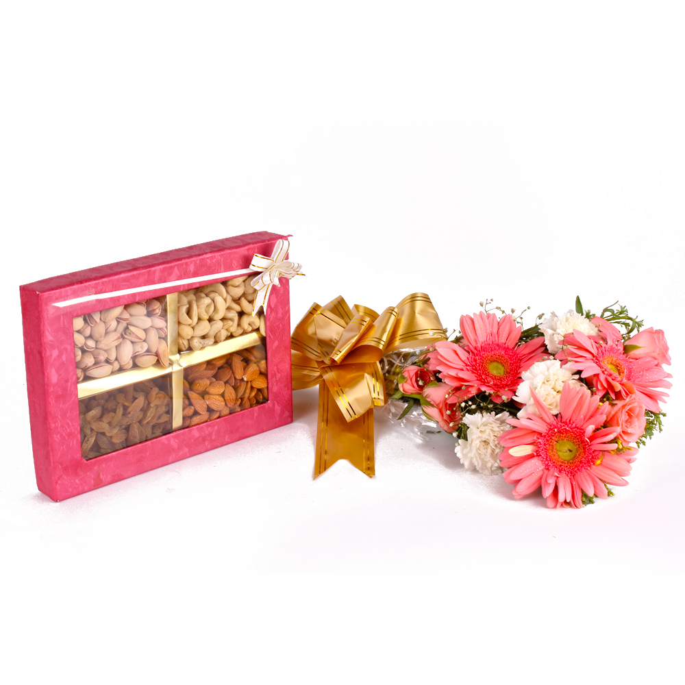 1 Kg Mix Dryfruits Box with Ten Mix Seasonal Flowers Bunch