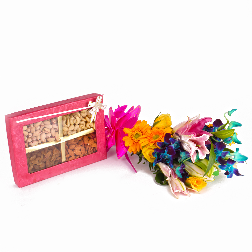 Fresh Exotic Flowers Bouquet with Crunchy Assorted Dryfruits