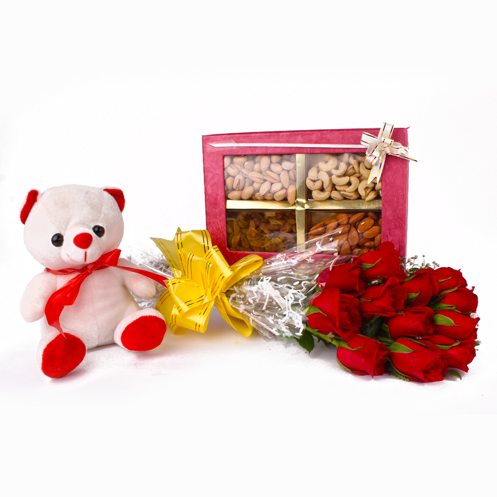 Roses with Teddy Bear and Dryfruits Combo