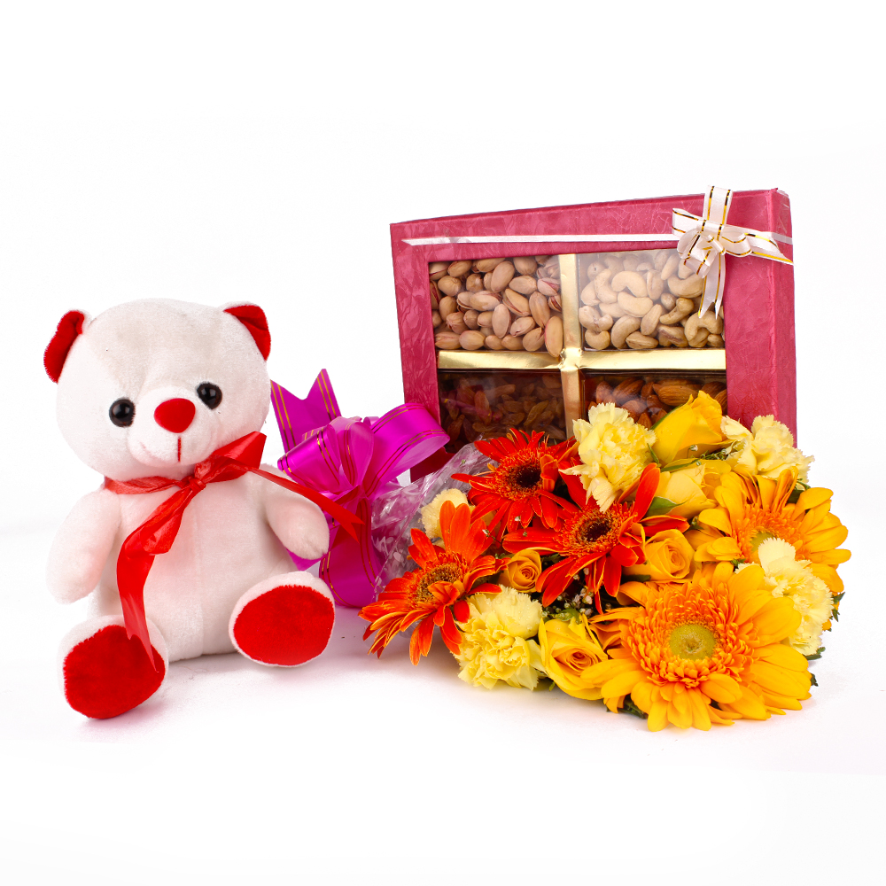 Combo of Dryfruits and Teddy Bear and Fresh Flowers Bouquet