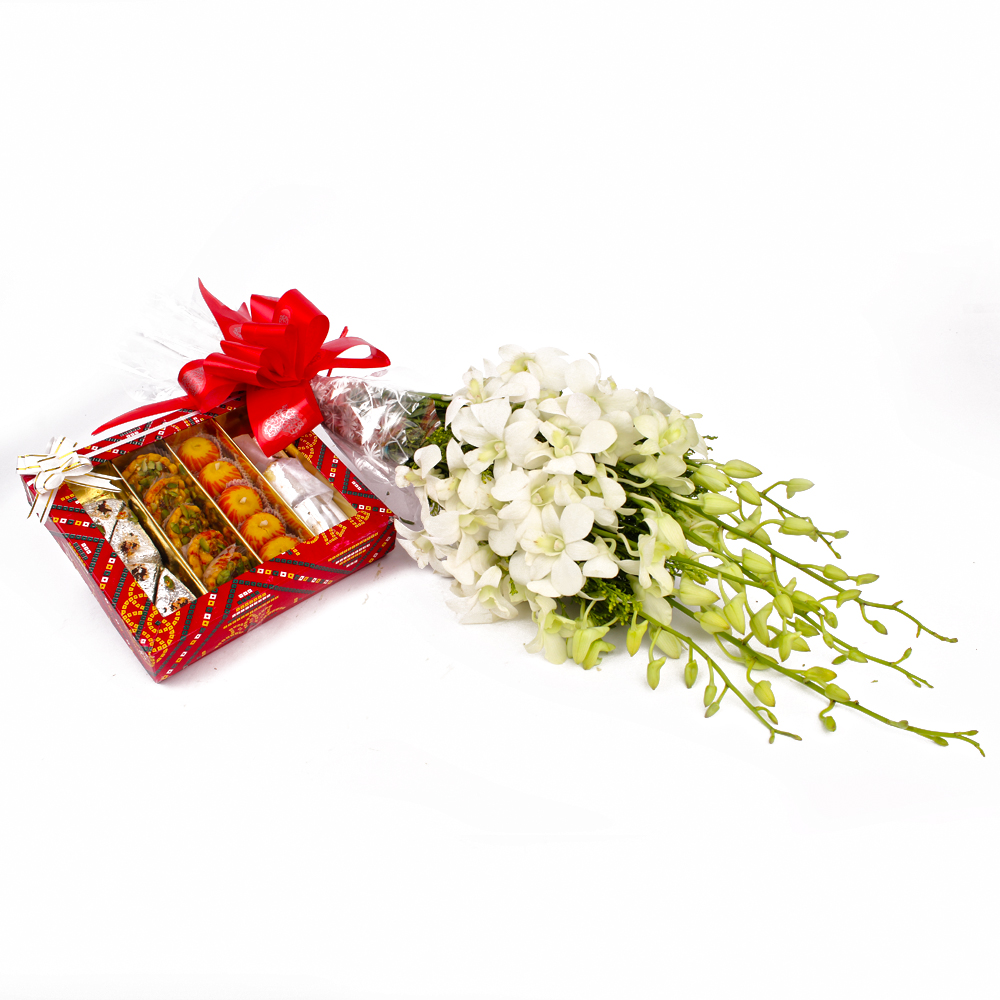 Exotic Orchids Bouquet and Assorted Indian Sweet Box