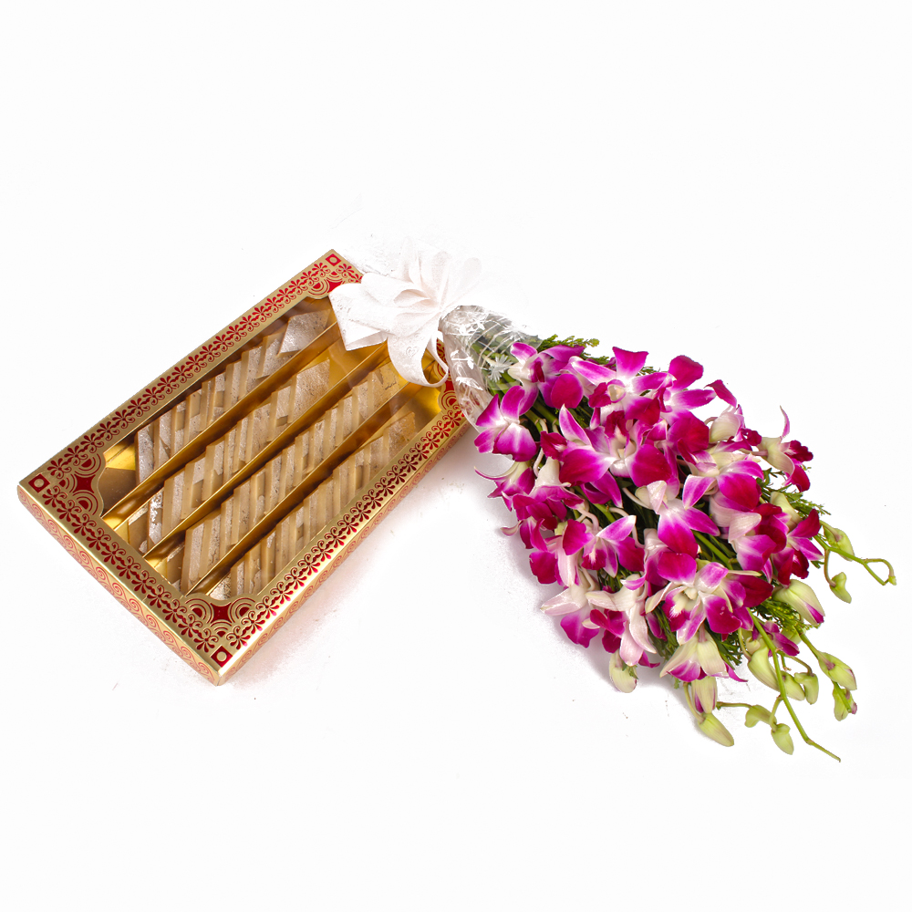 Hand Tied Purple Orchids with Kaju Katli Sweets