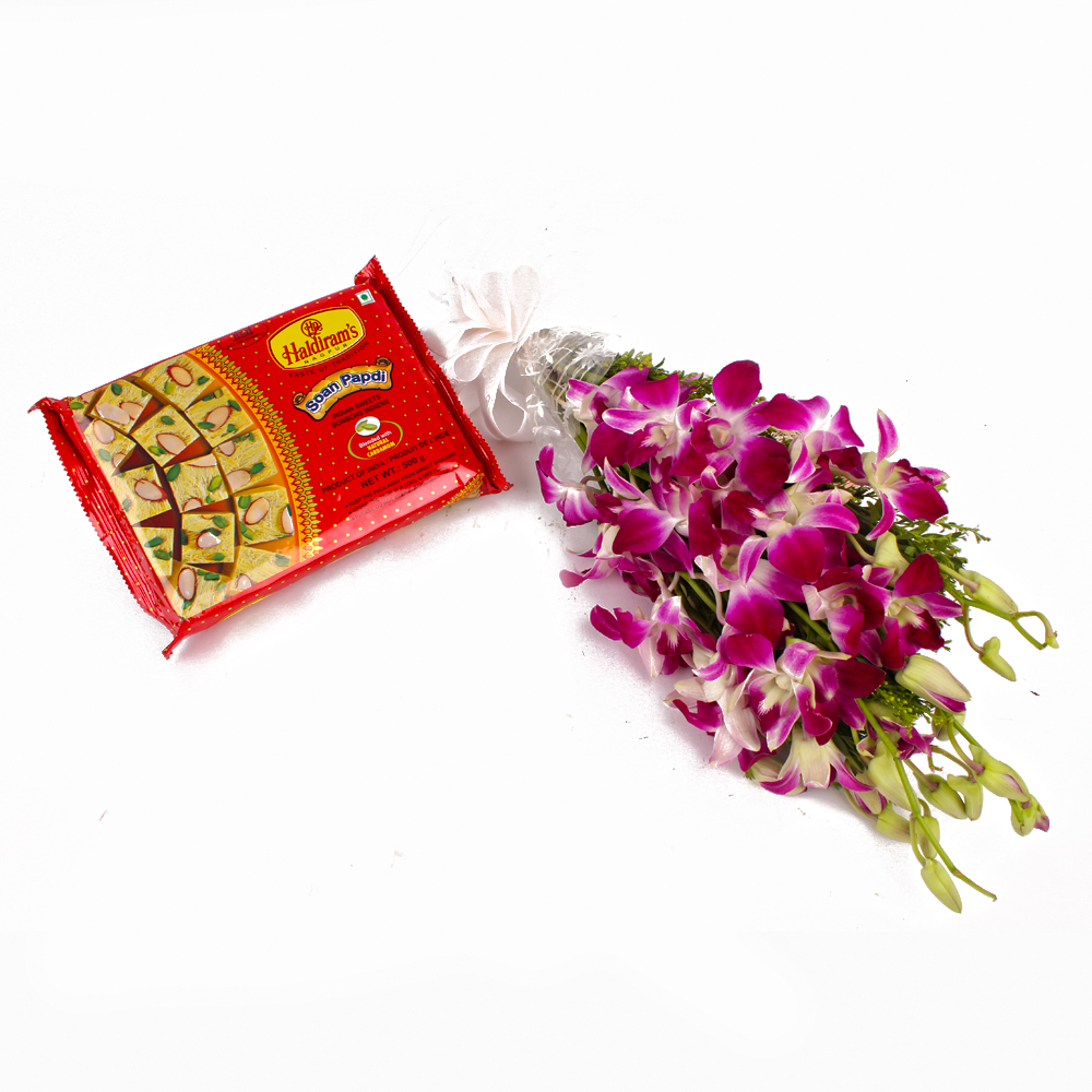 Bunch of Purple Orchids and Soan Papdi Sweet Box