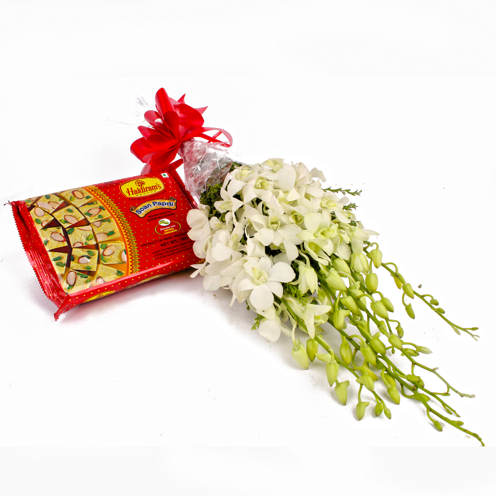White Orchids Bouquet and Soan Papdi Box