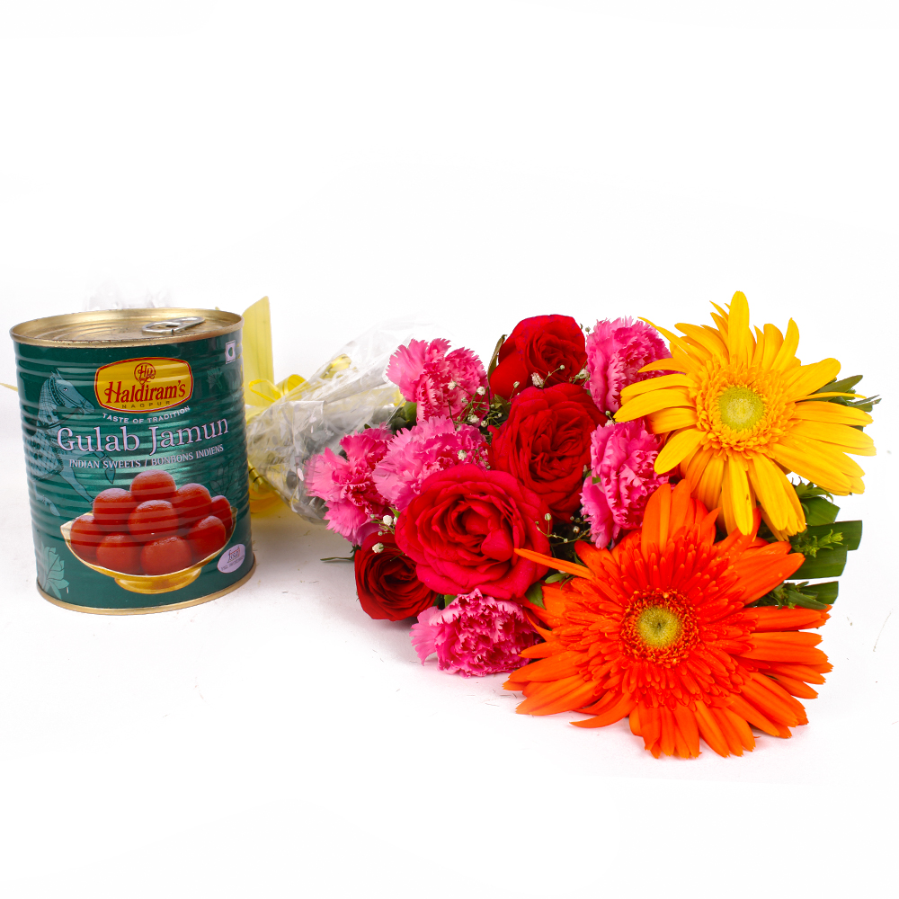 Twelve Fresh Seasonal Flowers Bunch with Gulab Jamuns