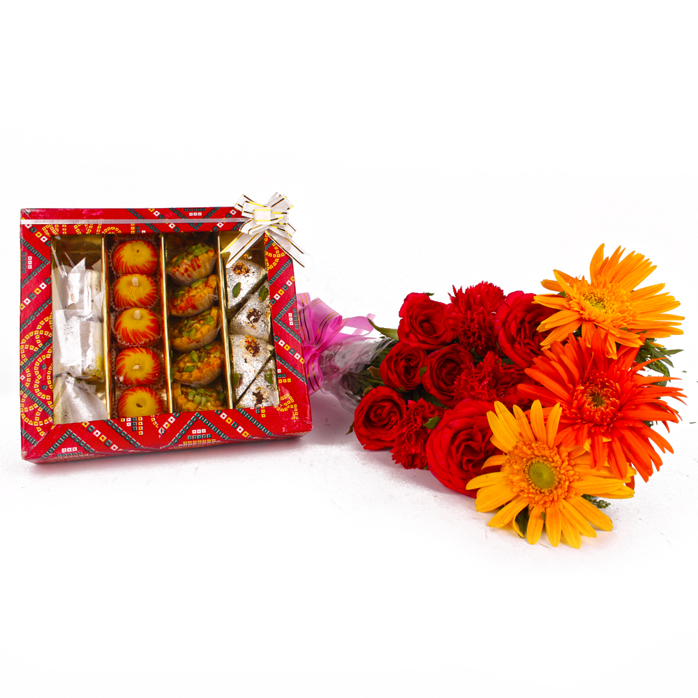 Twelve Seasonal Flowers Bouquet and Assorted Sweets Combo