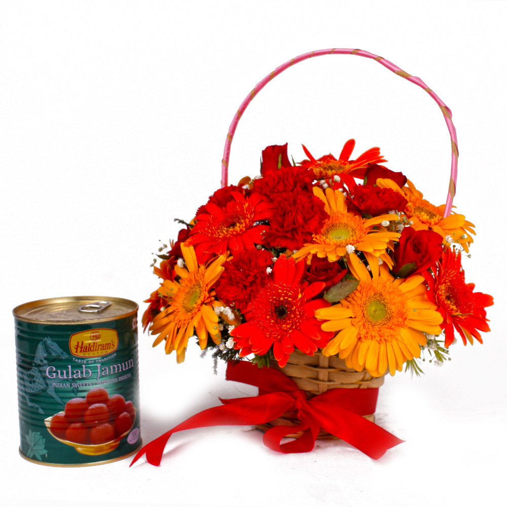 Basket of Seasonal Fresh Flowers and Gulab Jamuns
