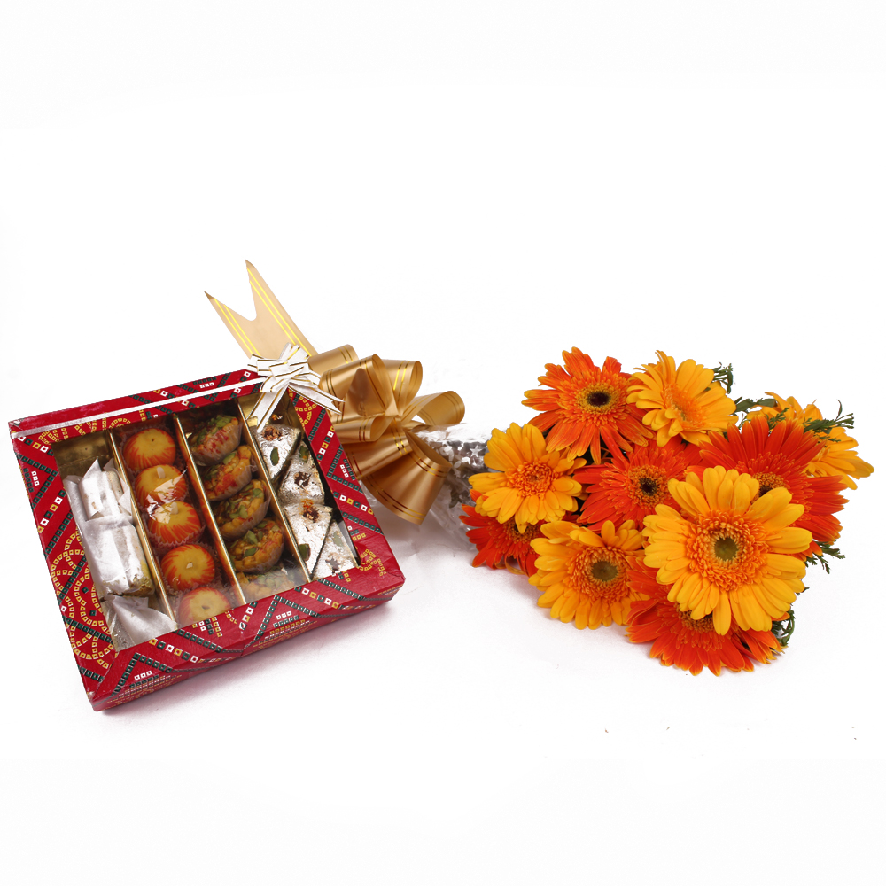 Bunch of Ten Colorful Gerberas and Assorted Sweets