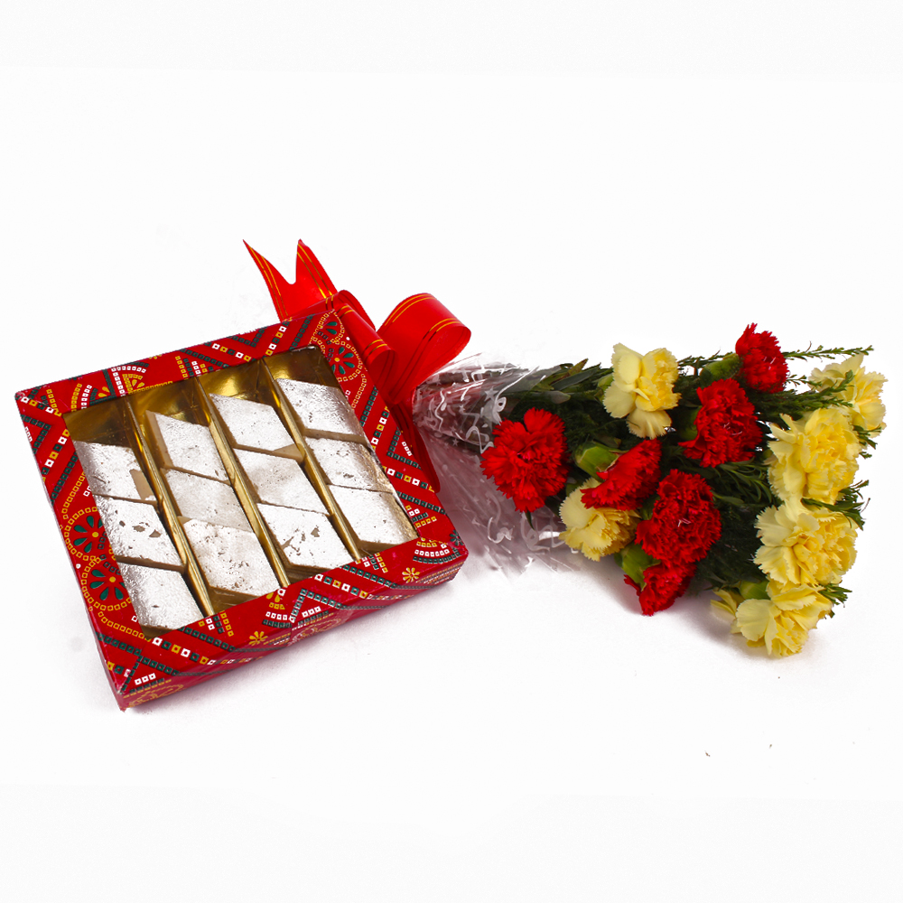 Kaju Katli Sweets with Fresh Carnations Bouquet