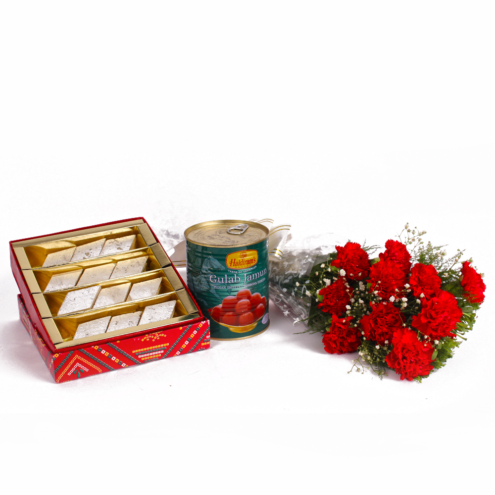 Ten Red Carnation Bunch with Kaju Katli and Gulab Jamuns