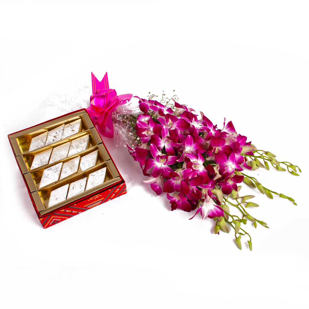 Kaju Barfi and Purple Orchids Bouquet