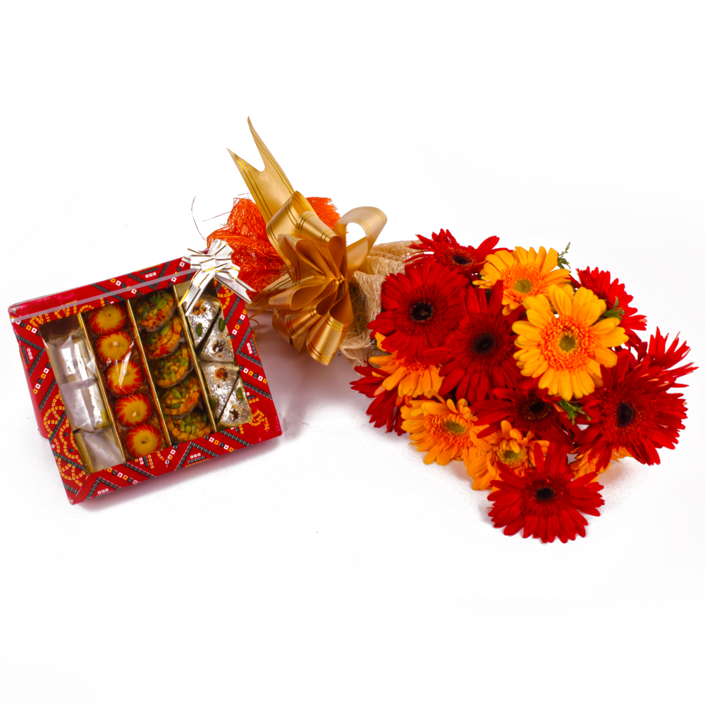 Beautiful Fifteen Gerberas Bouquet and Box of Assorted Sweets