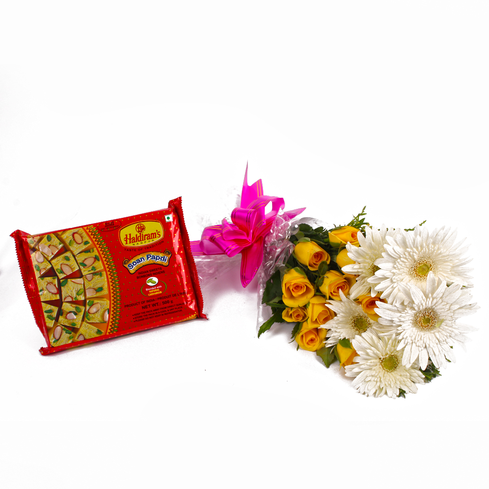 Bunch of Yellow Roses and White Gerberas with Pack of Soan Papdi Sweets