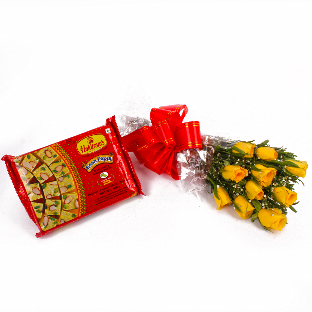 Bouquet of Ten Yellow Roses with Pack of Soan Papdi Sweet