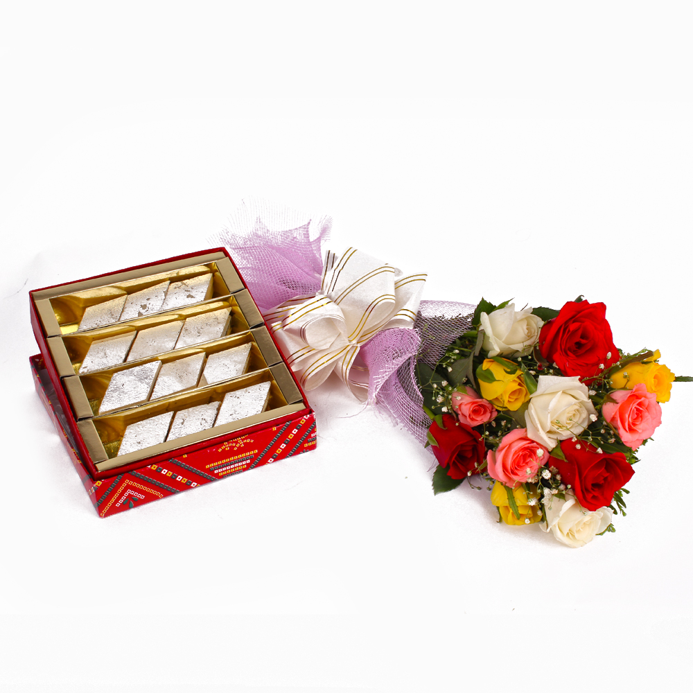 Dozen Colorful Roses with Kaju Katli